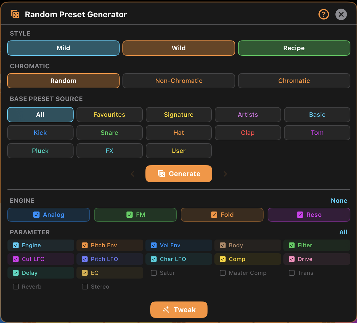 Bruno Random Preset Generator panel with Mild, Wild and Recipe styles, per-engine dice and history controls