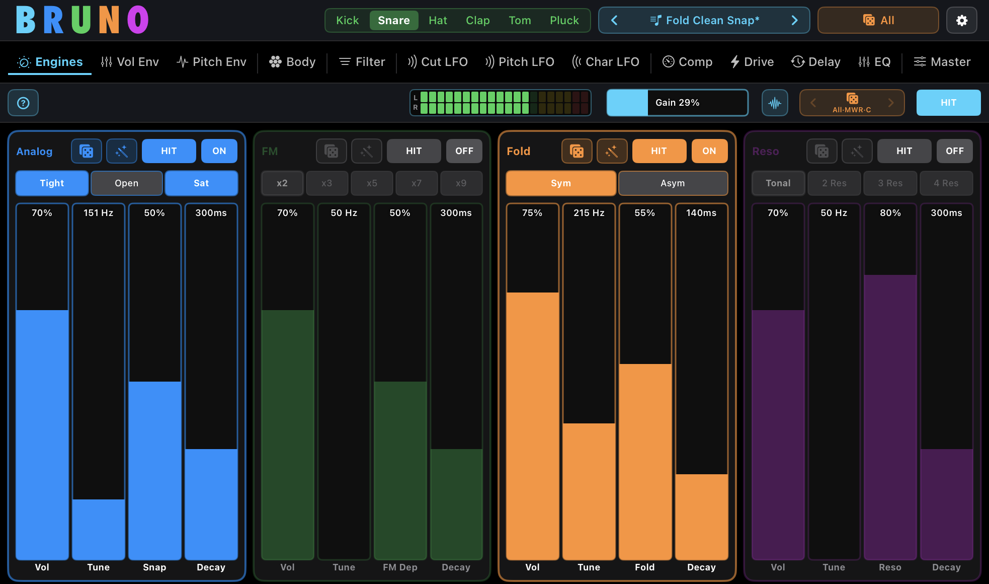 Bruno interface showing four colour-coded engines side by side: Analog, FM, Fold and Resonant