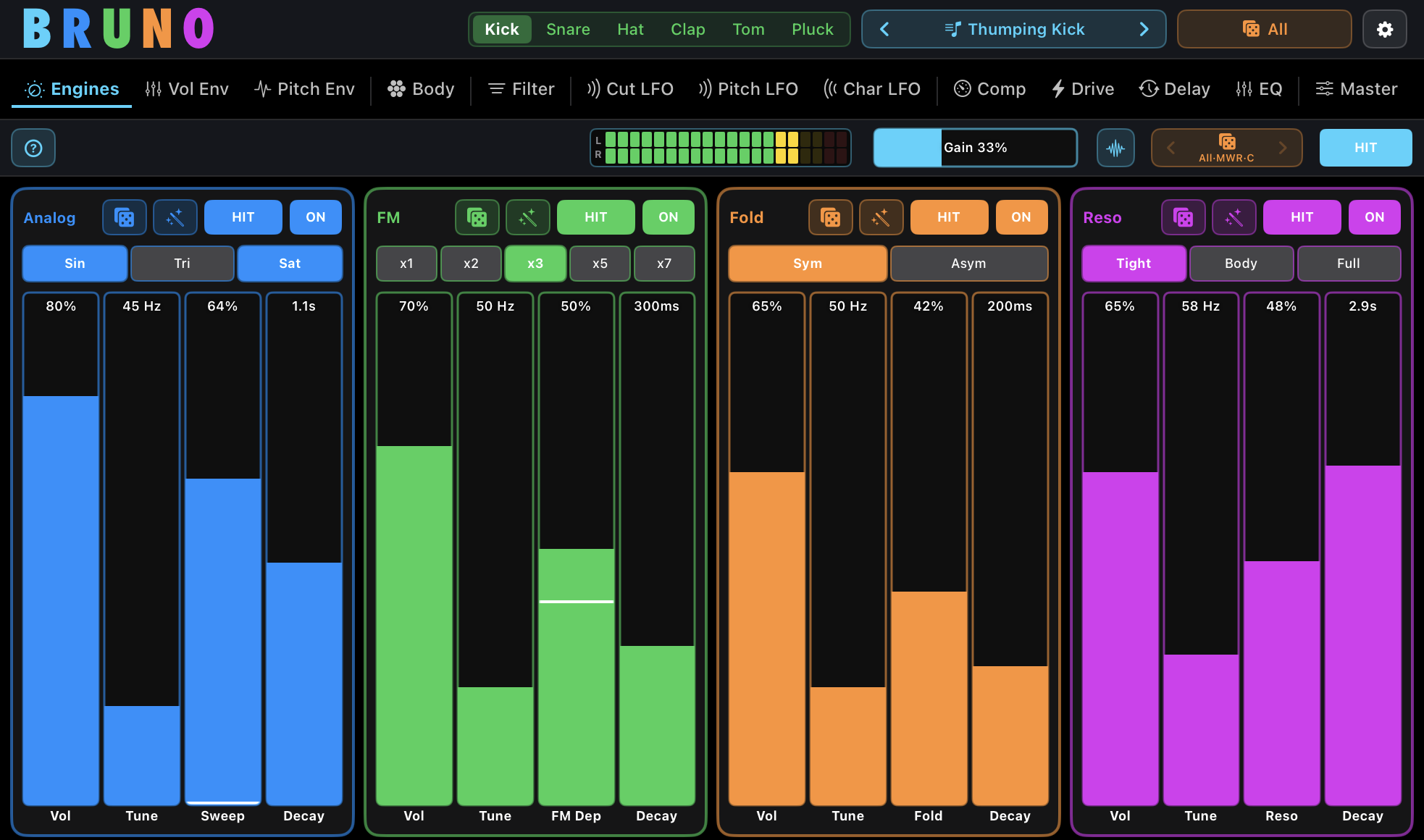 Bruno layered drum synthesizer interface showing four coloured sound engines