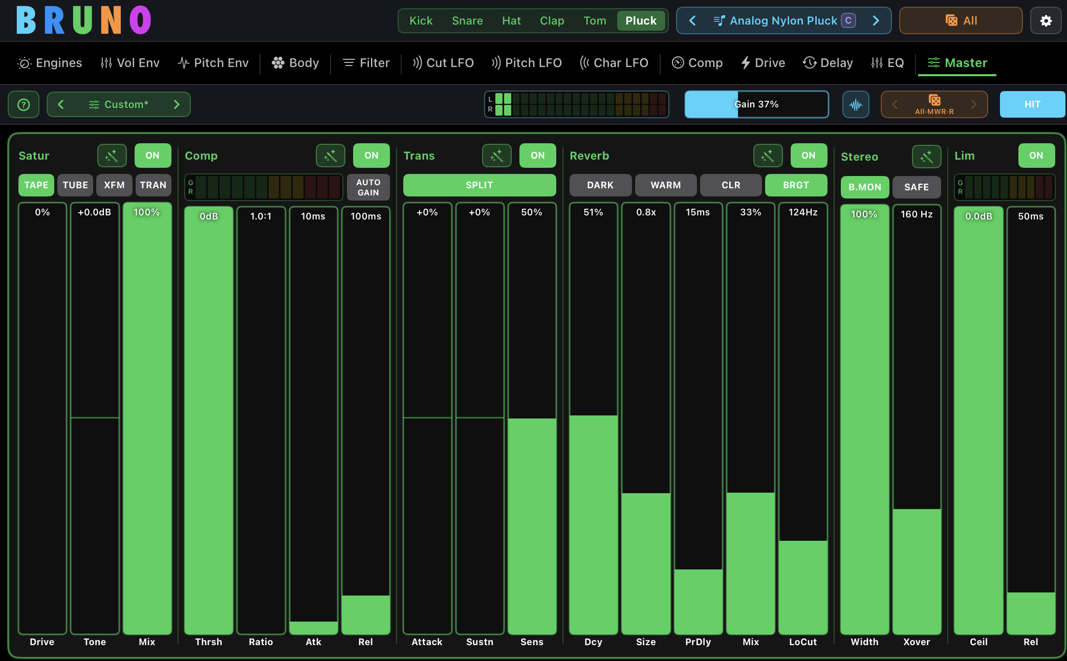 Bruno's master section — saturation, compressor, transient shaper, reverb, stereo and limiter