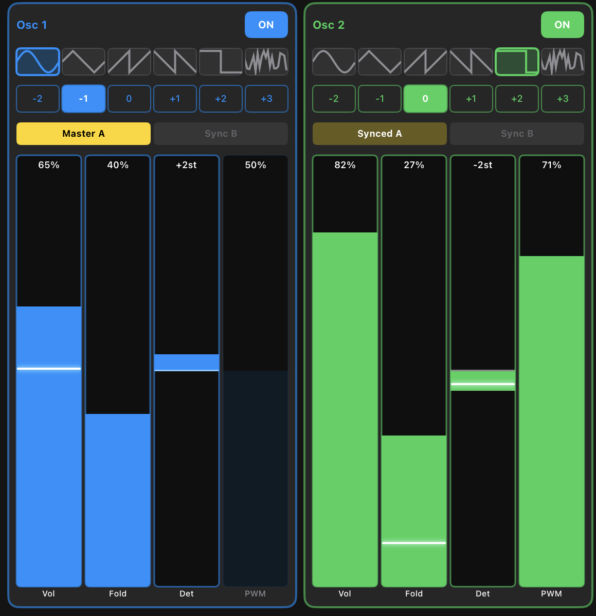 Two oscillators side by side showing white horizontal lines on each parameter slider, indicating live LFO modulation amounts