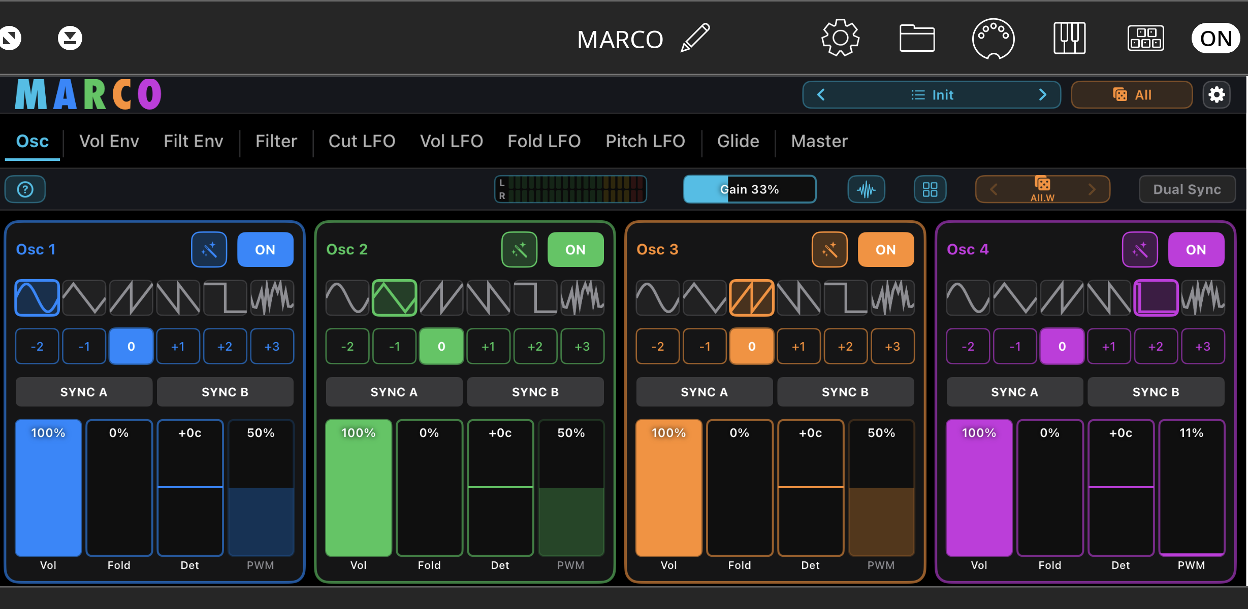 Marco running as an AUv3 plugin inside a host, showing the oscillator page