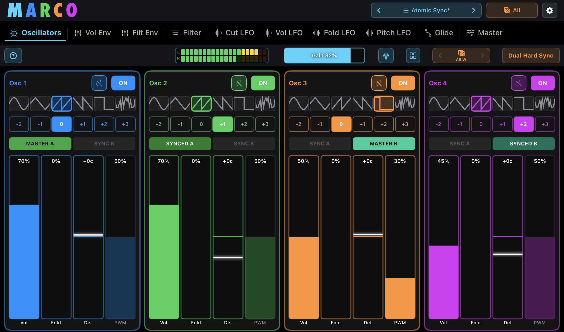 Marco — colourful four-oscillator synthesizer interface with Dual Hard Sync