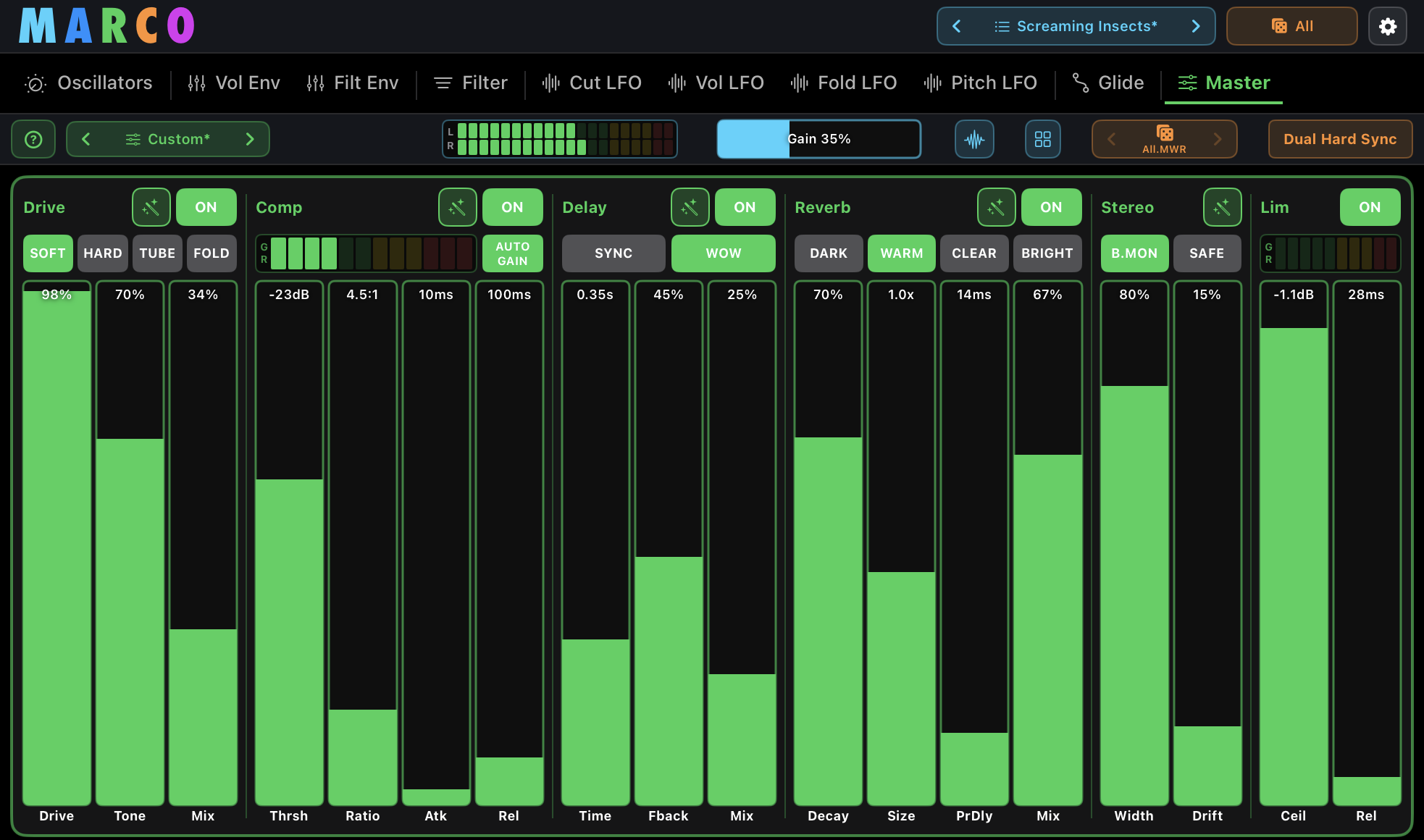 Marco's Master tab showing the built-in bus effects chain — drive, compressor, delay, reverb, stereo width and limiter