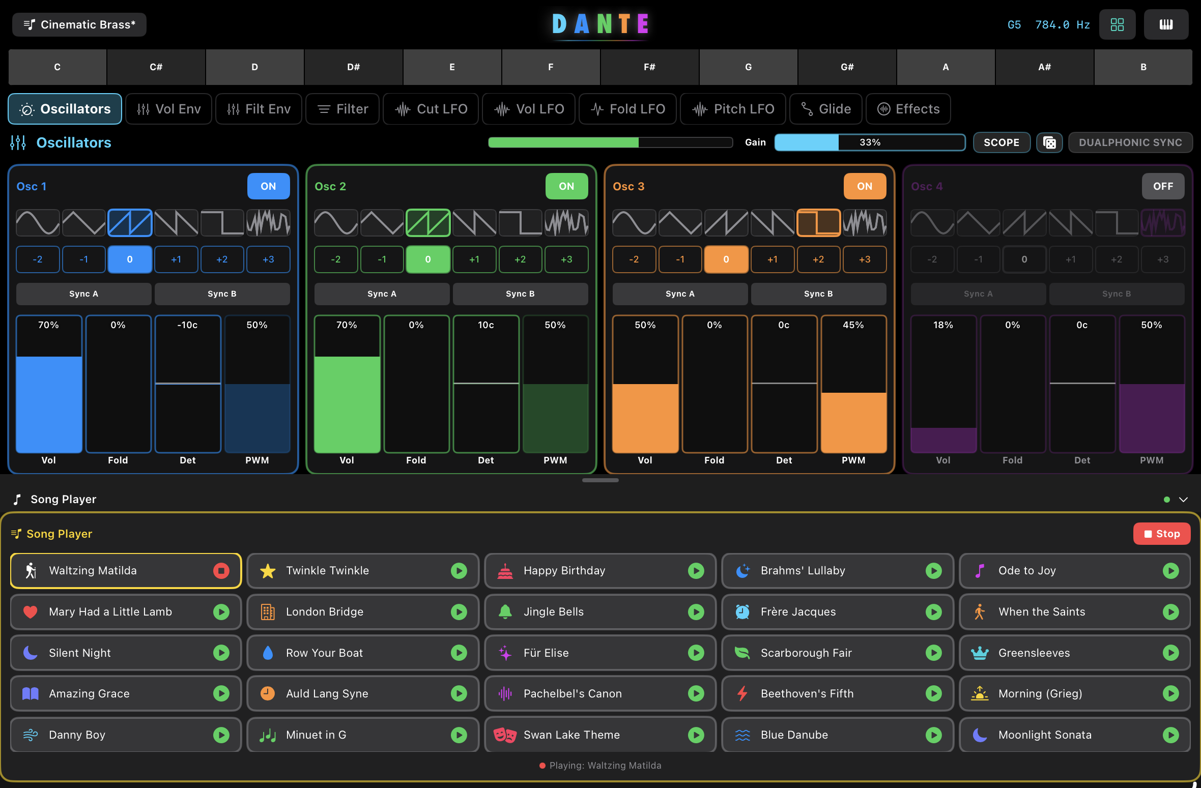 Built-in song player showing public domain tracks like Für Elise, Twinkle Twinkle and Greensleeves