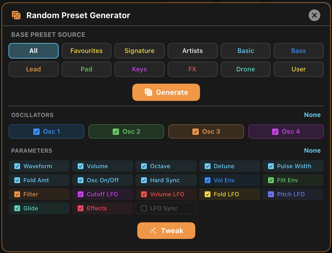 Random Preset Generator dialog with category selectors and per-oscillator/per-parameter targeting